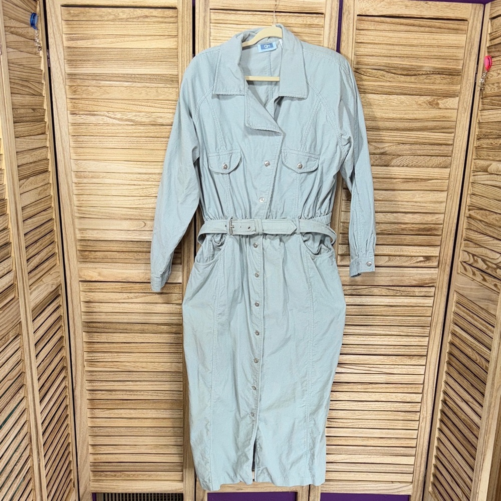 QPS Corduroy Light Blue Long Sleeve Dress W/Belt Vintage Shoulder Pads Size 18